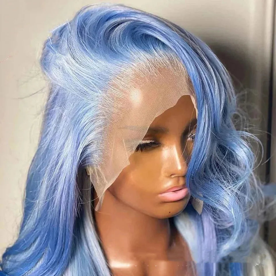Body wave human hair lace front wig on a mannequin head showing medium long length