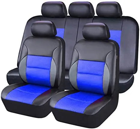 Artificial leather car seat cover set with front seat, backrest, and headrest pieces in multiple colour options