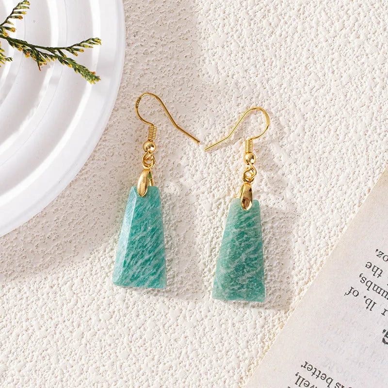 Geometric trapezoid earrings with amazonite rough stone in gold finish