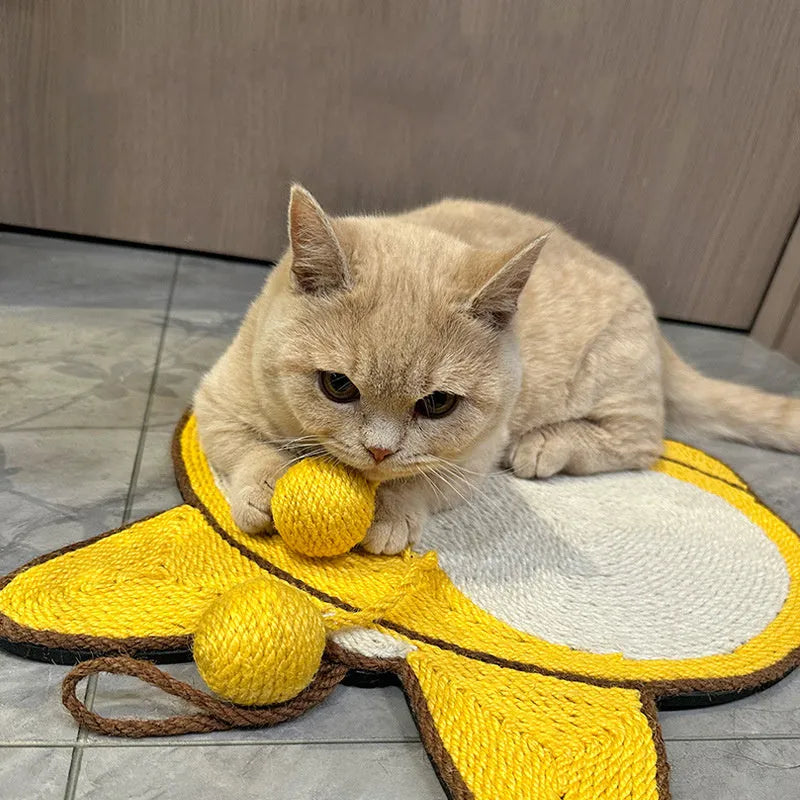Yellow cat scratching pad with corgi butt designs, natural sisal surface and anti-slip base