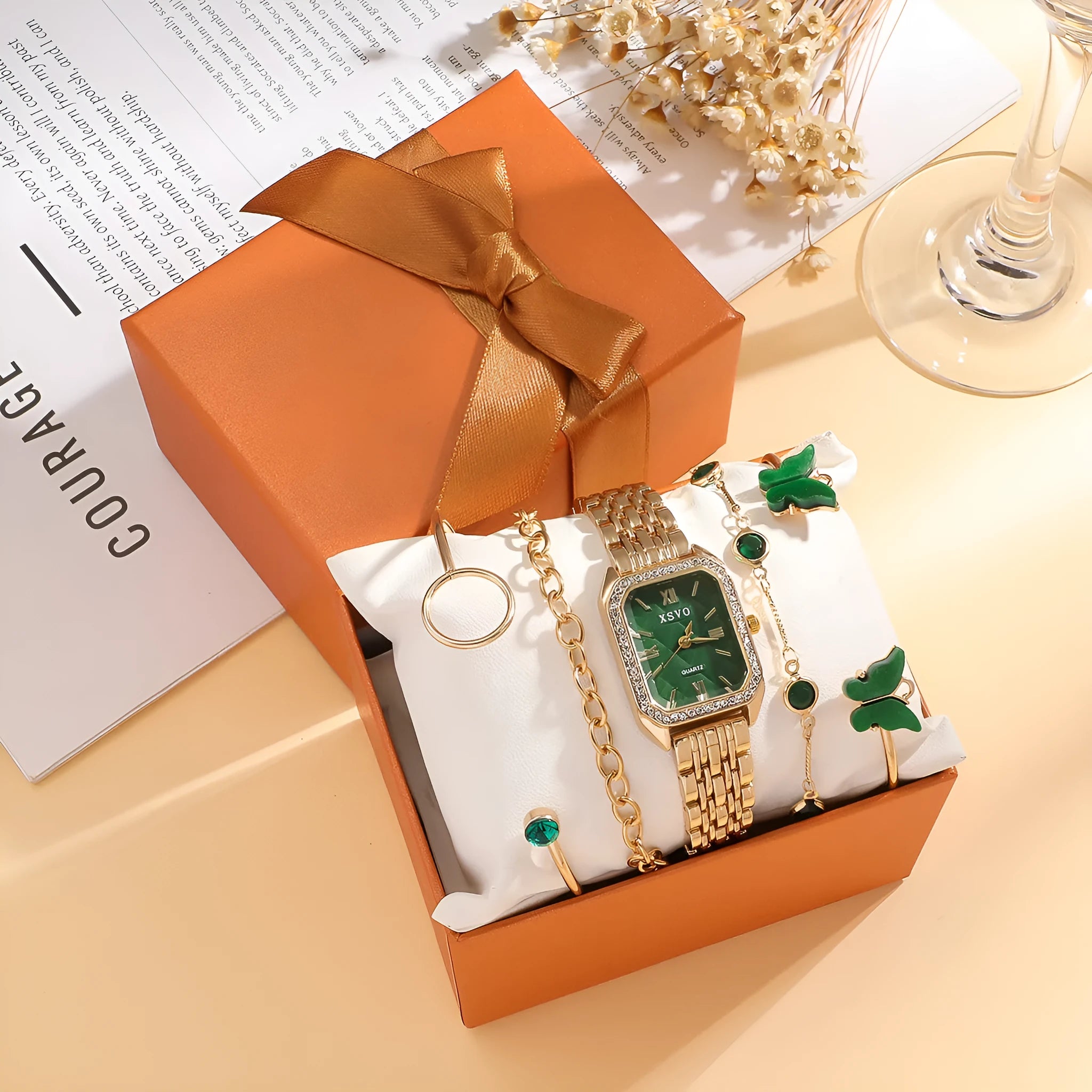 Gold green square women's watch with four matching alloy bracelets in gift set