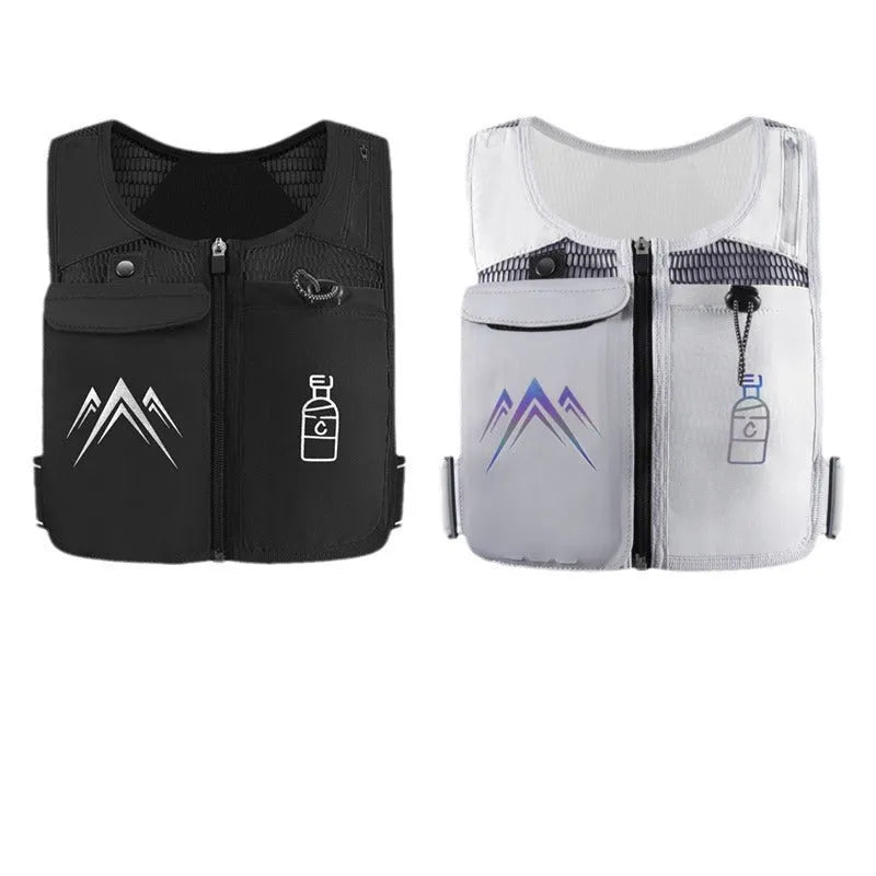 Breathable mesh sports running vest with a front mobile phone pocket, shown in classic black colour.