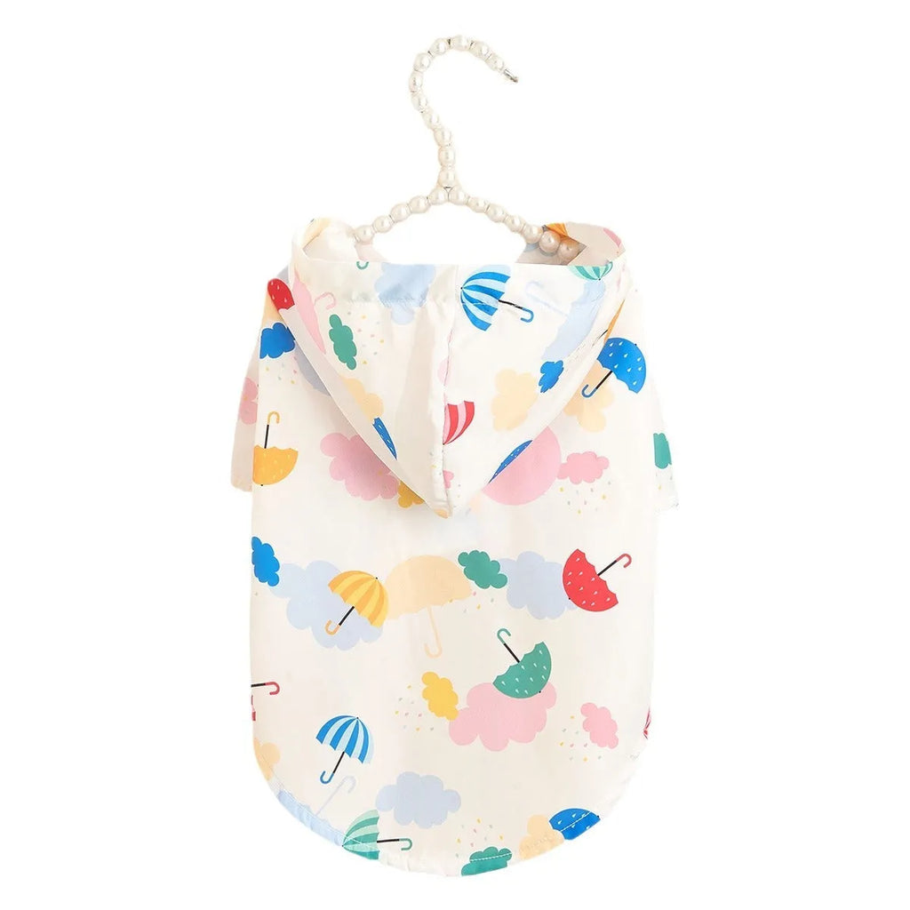 Colourful cartoon umbrella pattern dog and cat raincoat made from polyester fabric.