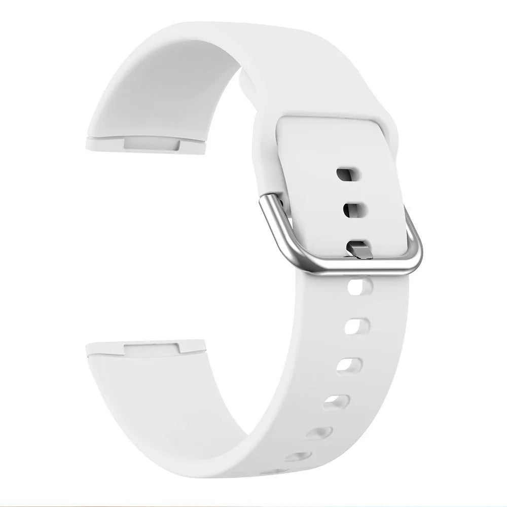 Solid colour silicone replacement strap with silver buckle for Fitbit Versa 3 and Sense 2 fitness trackers.