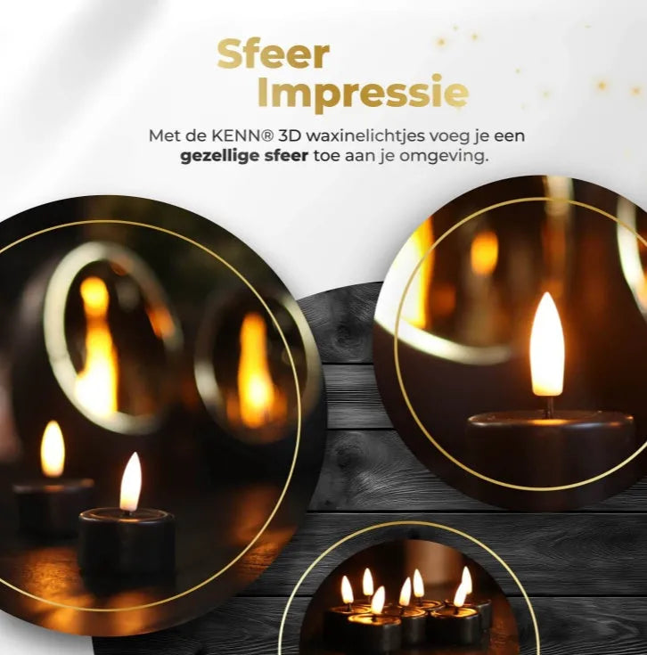 Set of four black plastic LED tealight candles showing warm white flame effect
