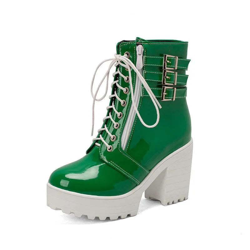 Women's black thick heel ankle boots with front lace-up and round toe