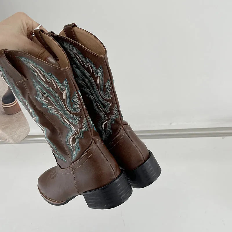 Brown women's embroidered mid-calf Martin boots with leather lining and rubber sole