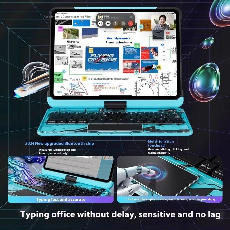 Blue hard PC protective case for iPad with keyboard, shown on a tablet.