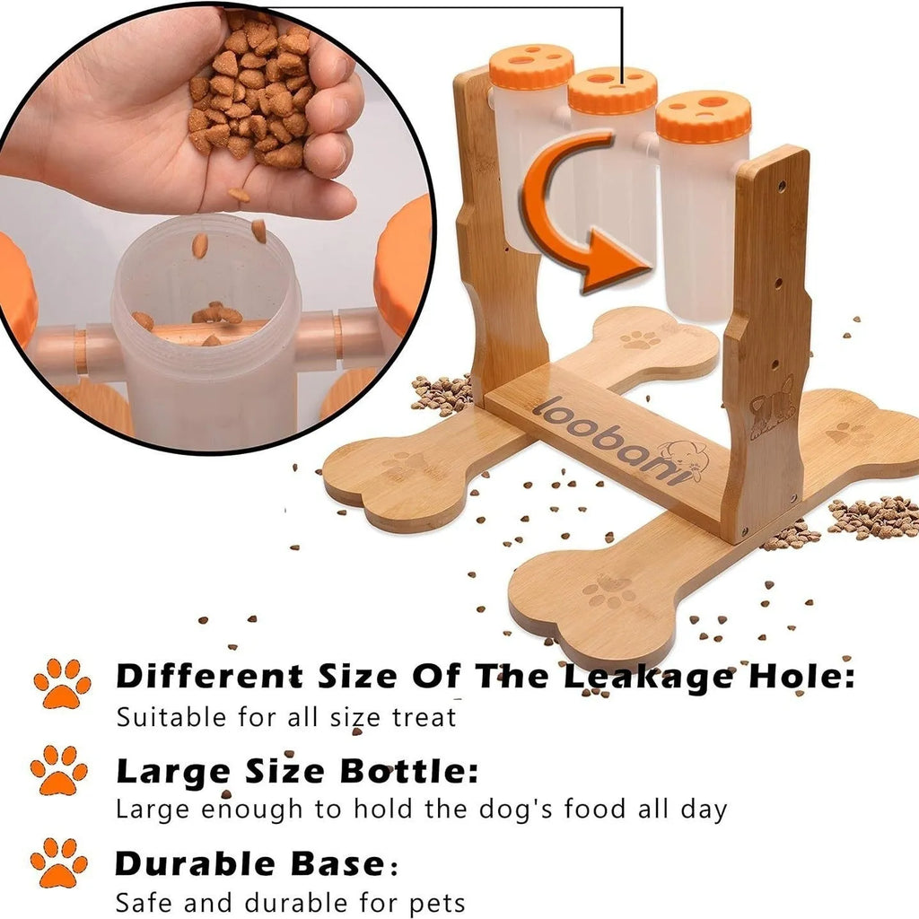 Wooden dog puzzle toy snack dispenser feeder with treat compartments.