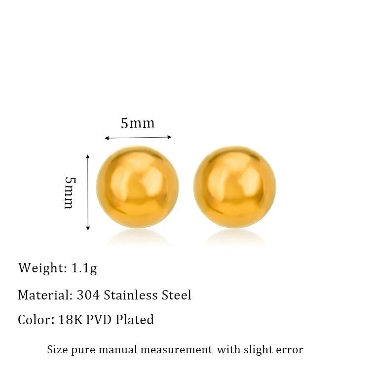 Stainless steel ball stud earrings in gold and silver finishes, showing 3mm to 6mm size comparison