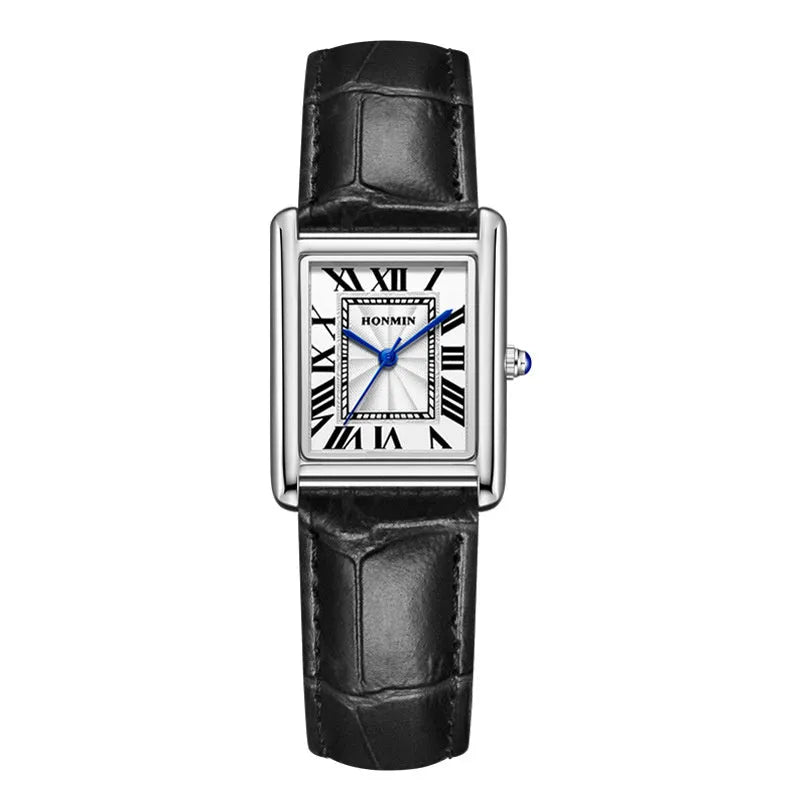 Couple leather watch with square dial, 7mm thickness, waterproof, in gold and black colour option on a white background