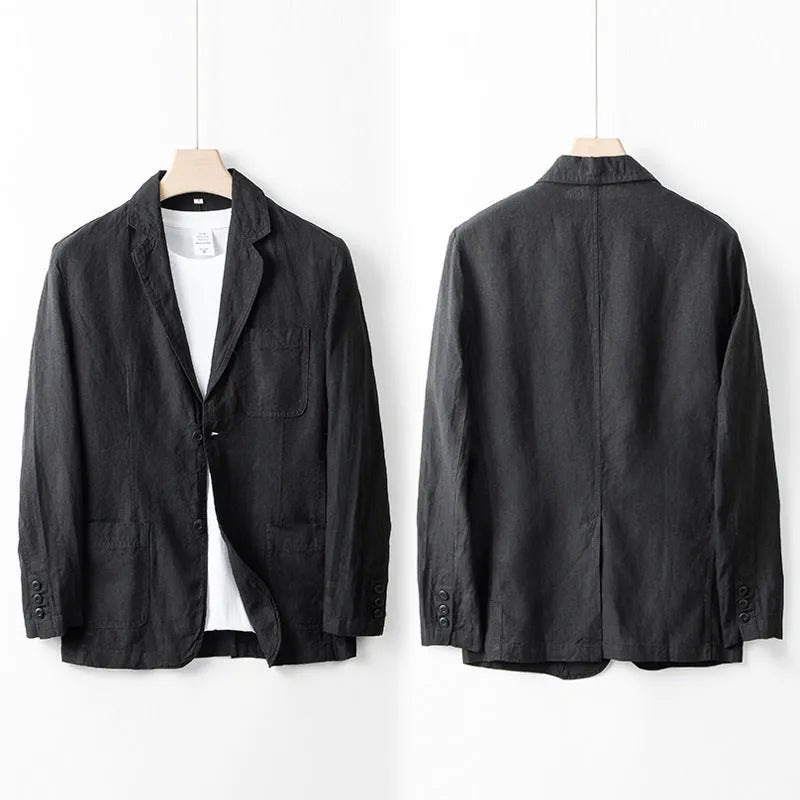 Men's loose fit linen casual blazer jacket on a hanger, shown in a solid colour.