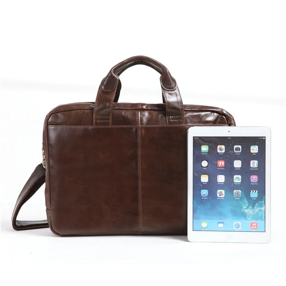 Brown leather men's business briefcase with 18-inch dimensions and polyester cotton lining
