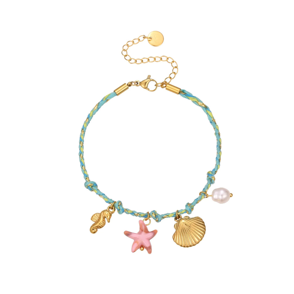 Handmade braided rope titanium steel necklace and bracelet set with 18K gold electroplated heart, star, and geometric pendants.