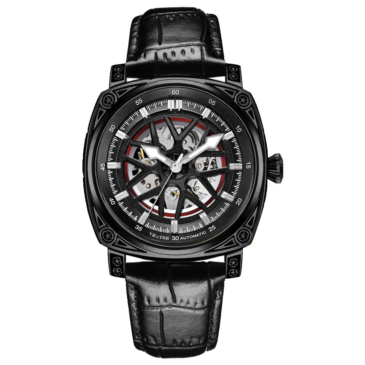 Men's stainless steel automatic watch with blue leather strap showing analogue dial