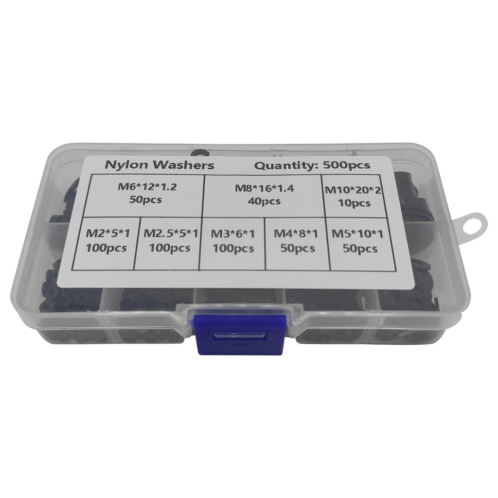 500 pack of black nylon plastic gasket washers in mixed metric sizes from M2 to M10 in a plastic storage box
