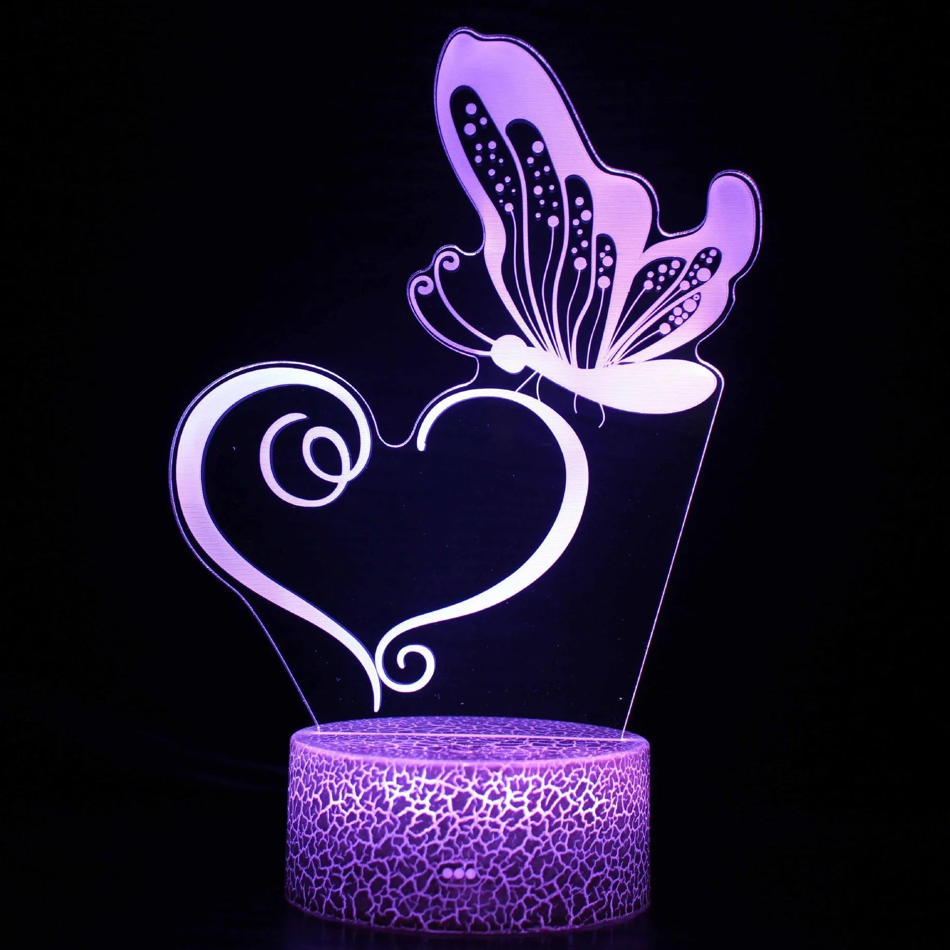3D acrylic table lamp with colourful lighting on 9.5cm x 4cm base, showing touch controls and USB connection