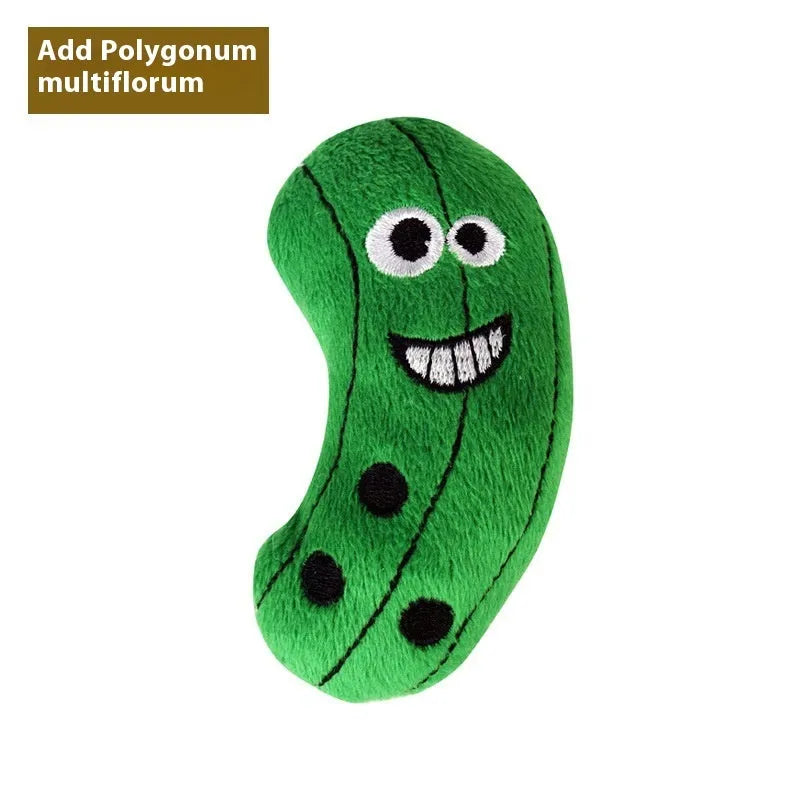 Set of six plush cat pillow toys shaped like a burrito, pineapple, pizza, cone, cucumber, and mushroom.