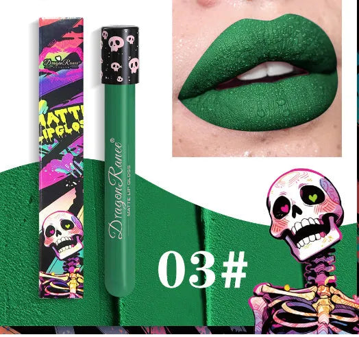 Halloween skull test tube containing gold and silver matte lip gloss for waterproof costume makeup.
