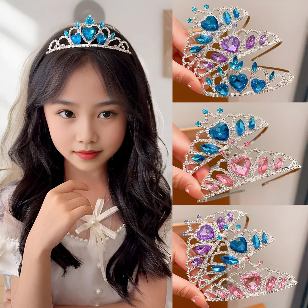 Pink crystal crown metal headband for girls, an alloy hair accessory with electroplated finish.