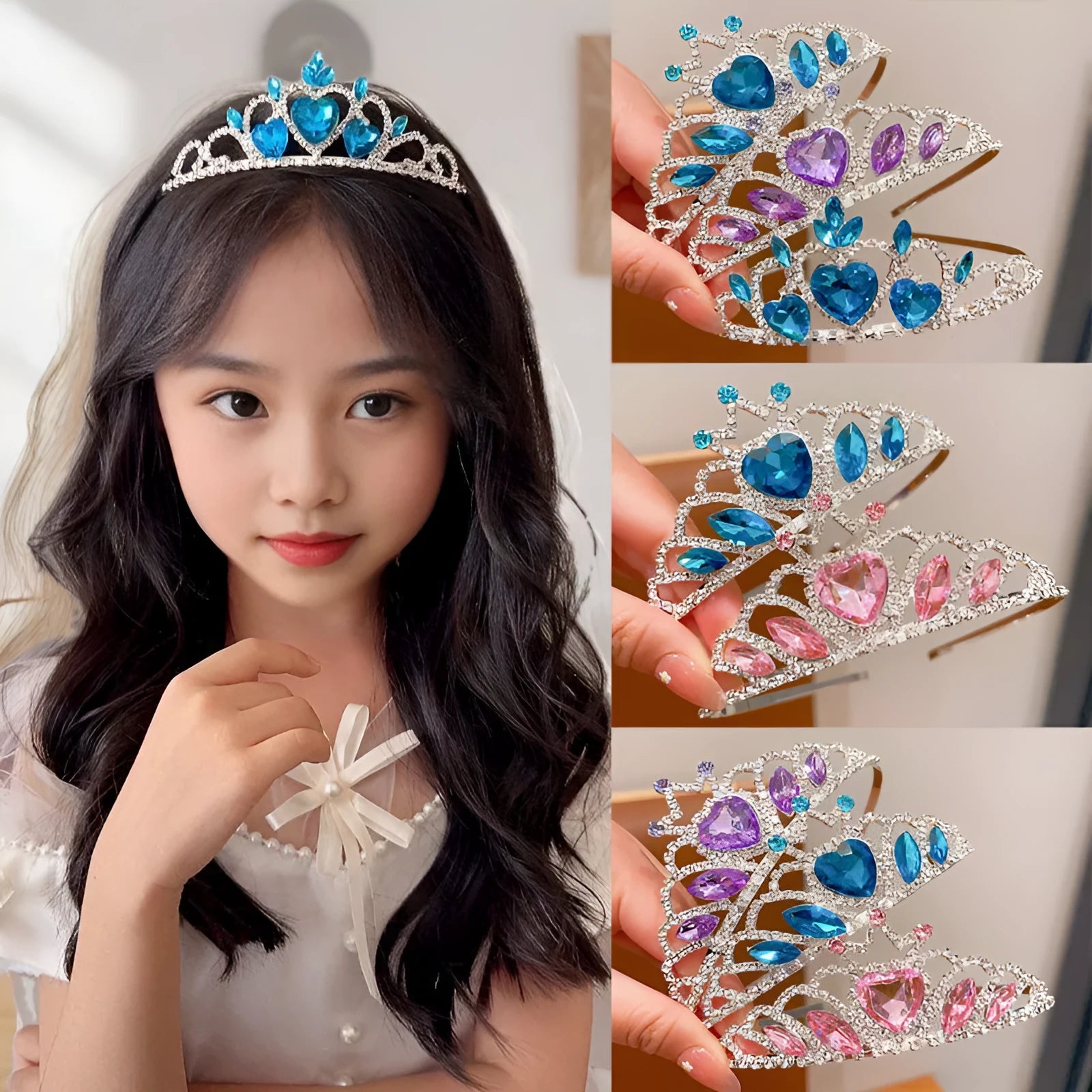Pink crystal crown metal headband for girls, an alloy hair accessory with electroplated finish.