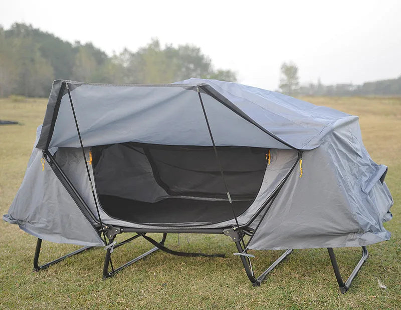 Outdoor thickened Oxford cloth insulated off ground tent for two camping and fishing, double decker, steel rods, 210x120x120cm, military green