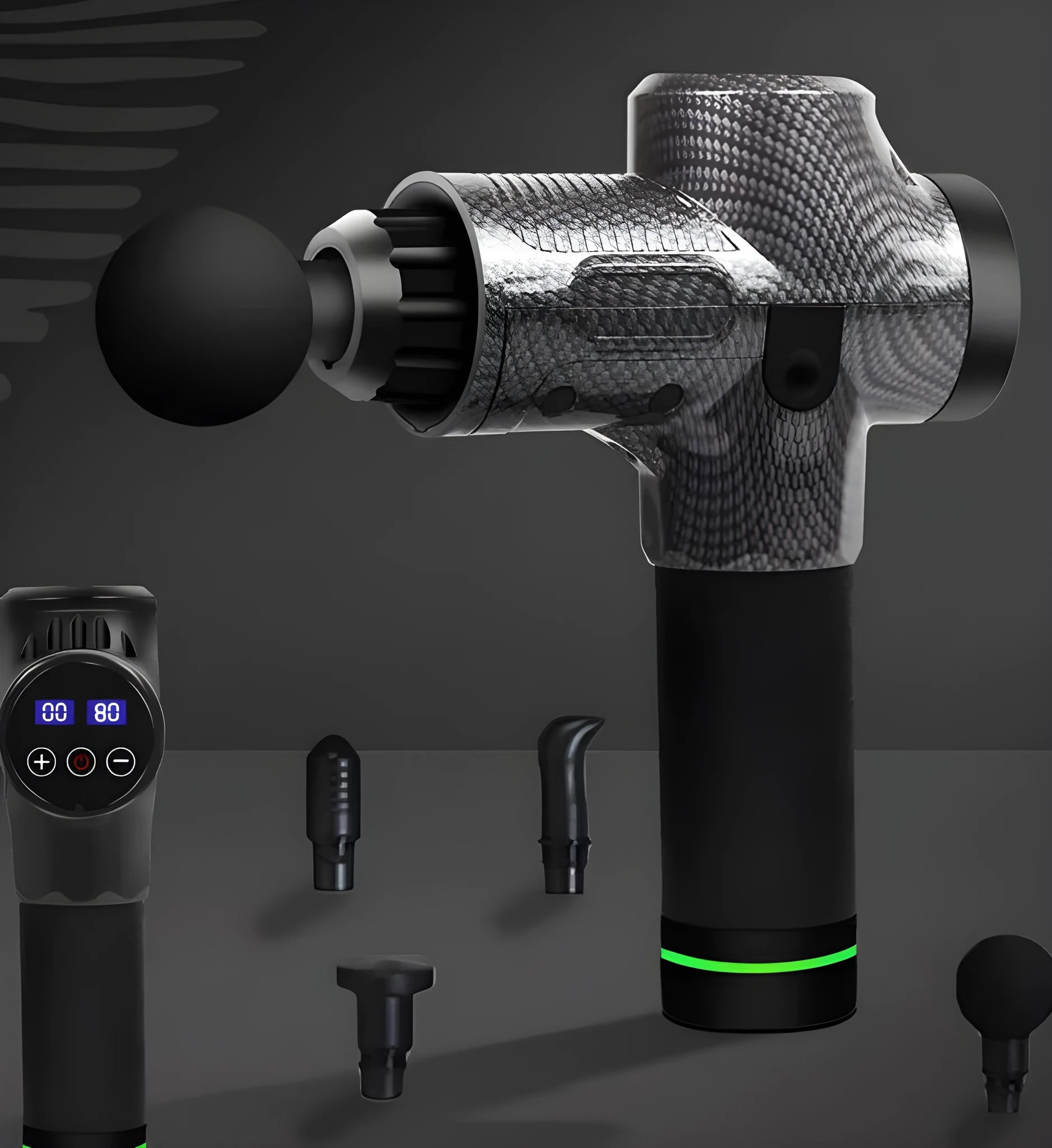 Black electric muscle massage gun with seven different coloured silicone heads on a table.