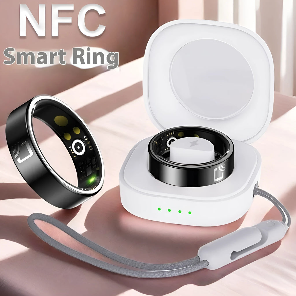 Black ceramic smart ring for heart rate, blood oxygen, and sleep monitoring on finger