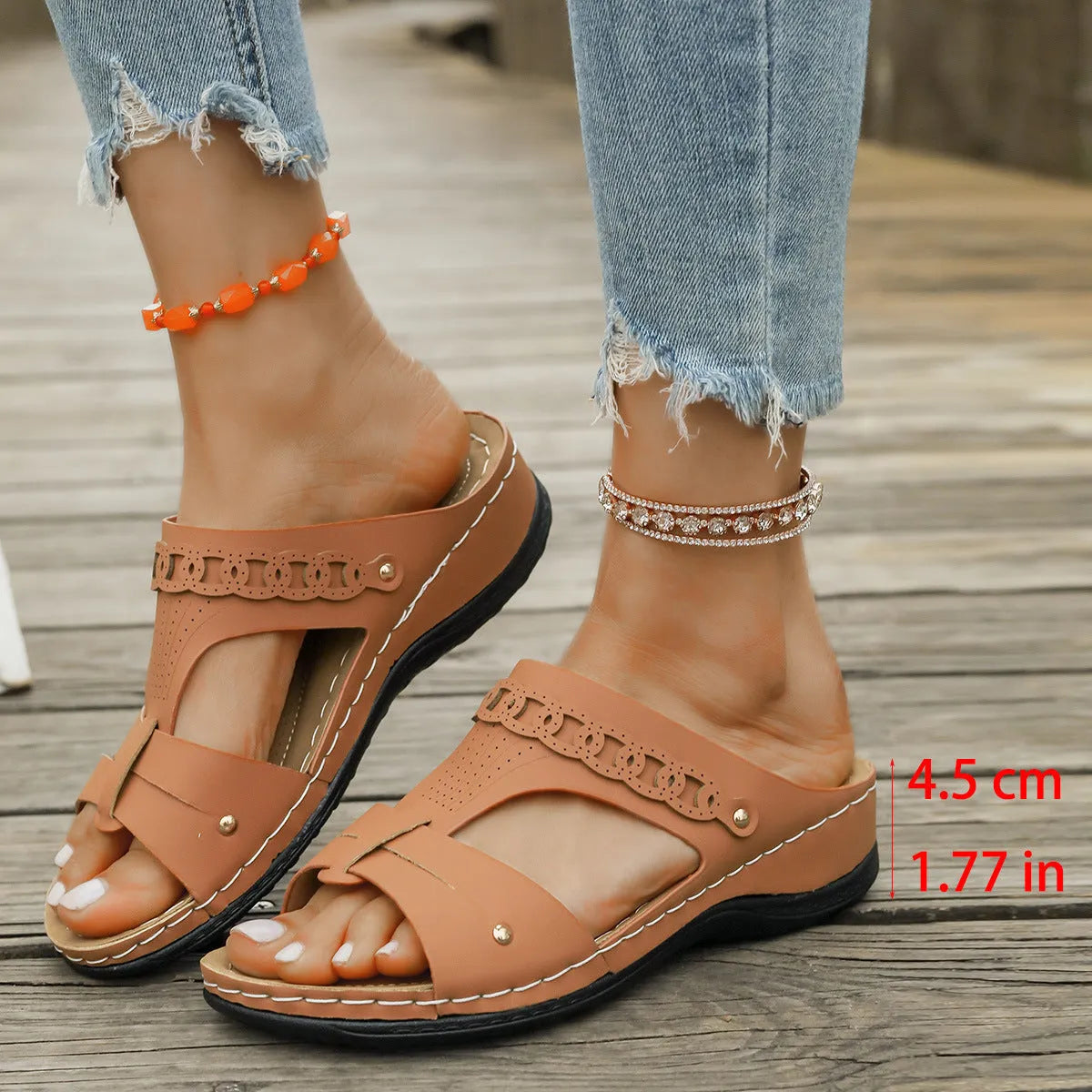 Casual Roman style slope heel slippers with a fish mouth toe holder, shown in available colours.