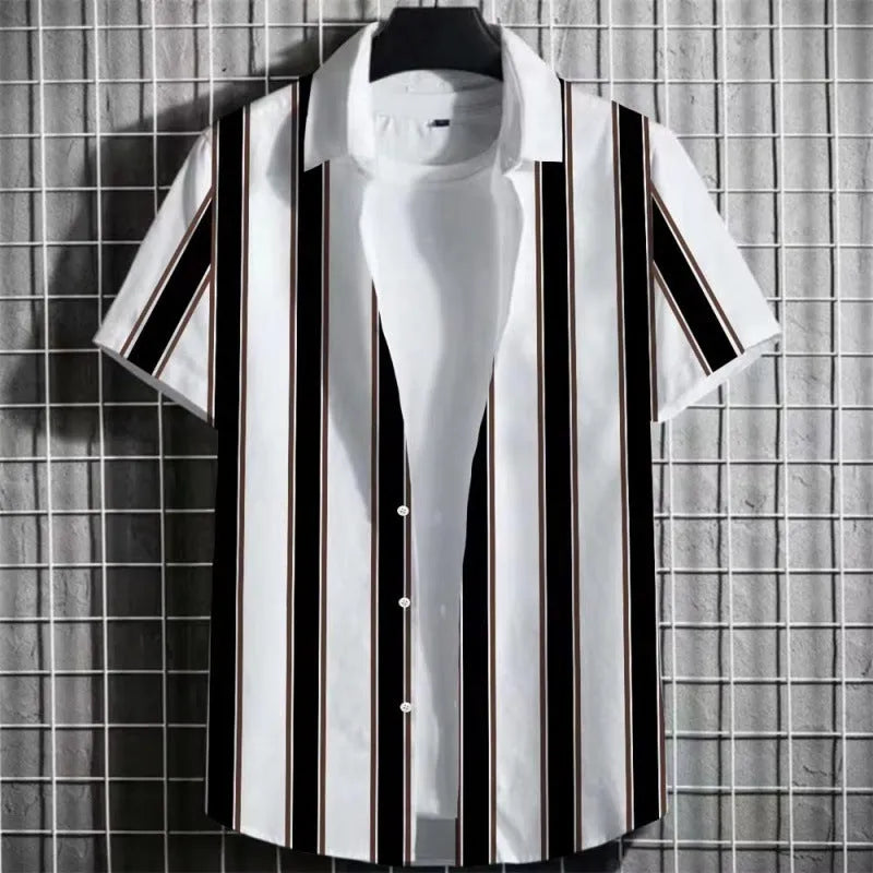 Men's striped linen short sleeve T-shirt with a 3D printed pattern in a solid colour.