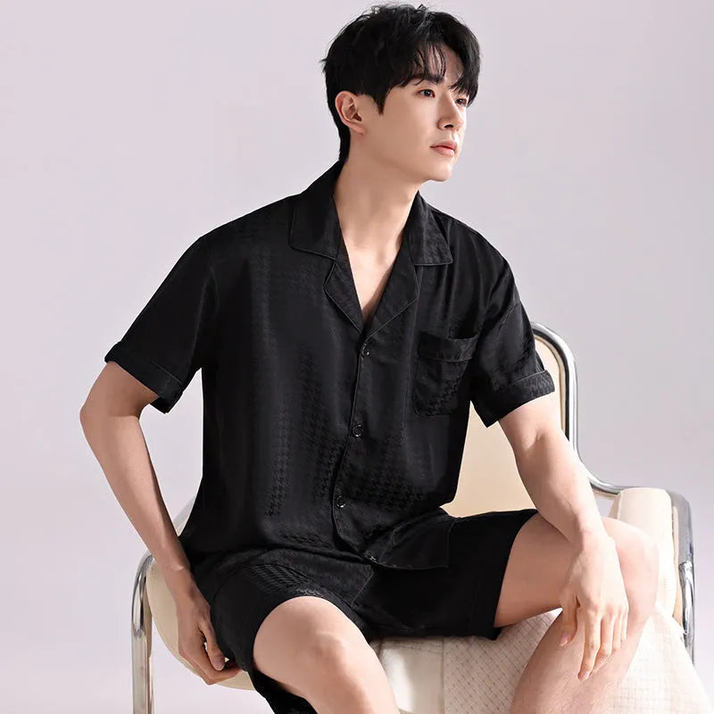 Men's ice silk summer pyjama set in cardigan style with short pants, shown in satin jacquard pattern