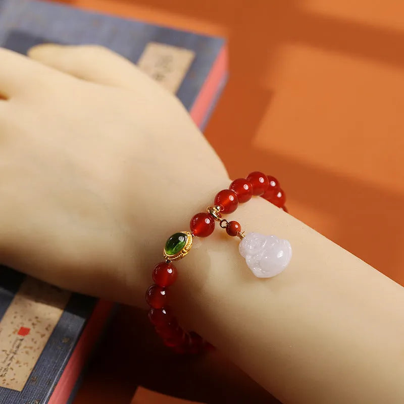 Handmade Chinese style bracelet with amber, red agate beads and Maitreya Buddha gold pendant