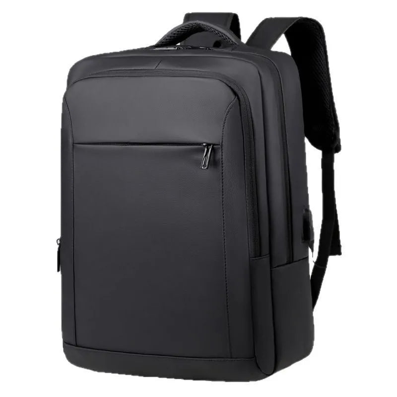 Waterproof laptop backpack in black with USB port and air pillow belt, 20-35L capacity