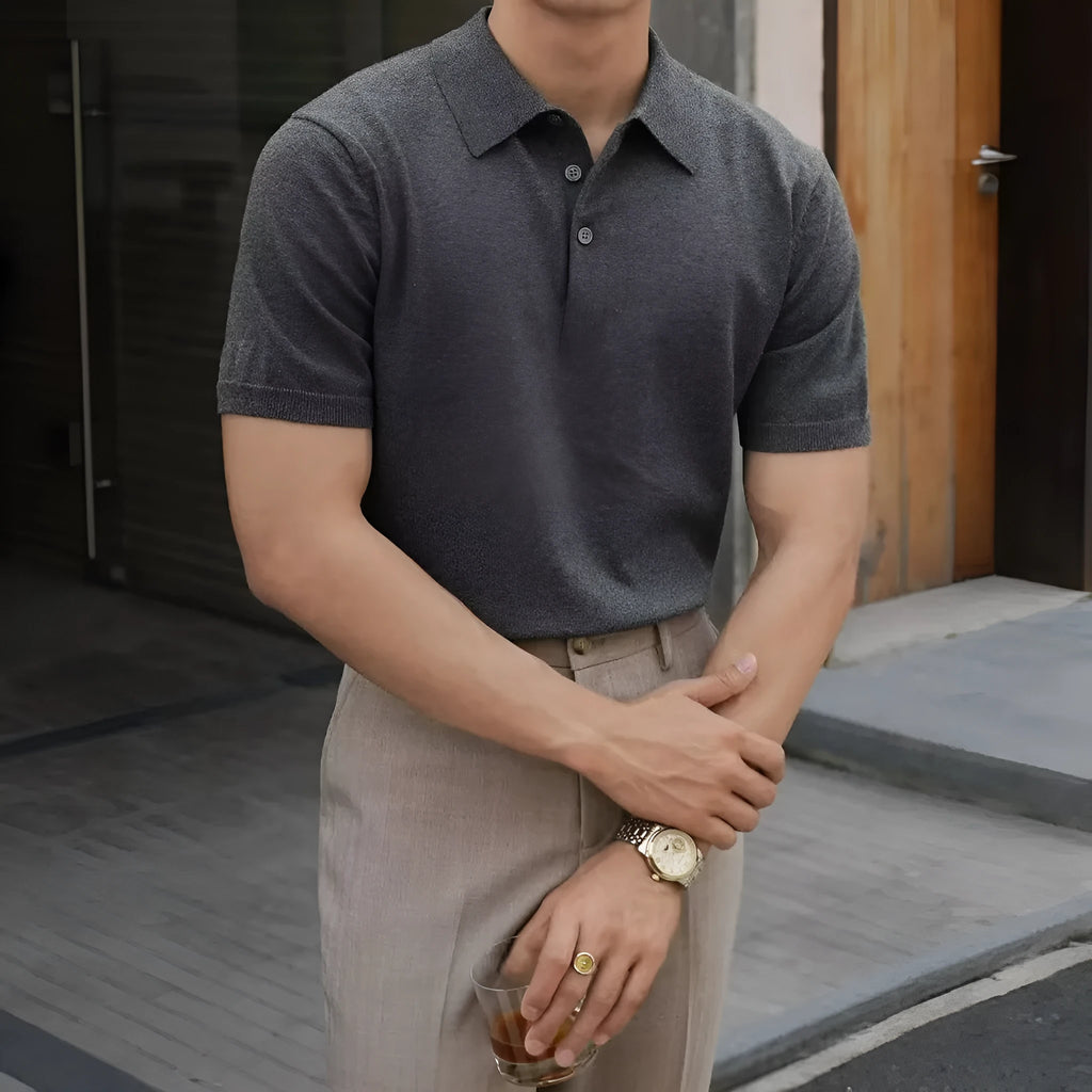 Men's knitted polo collar short sleeve shirt in Ice Silk cotton blend summer top