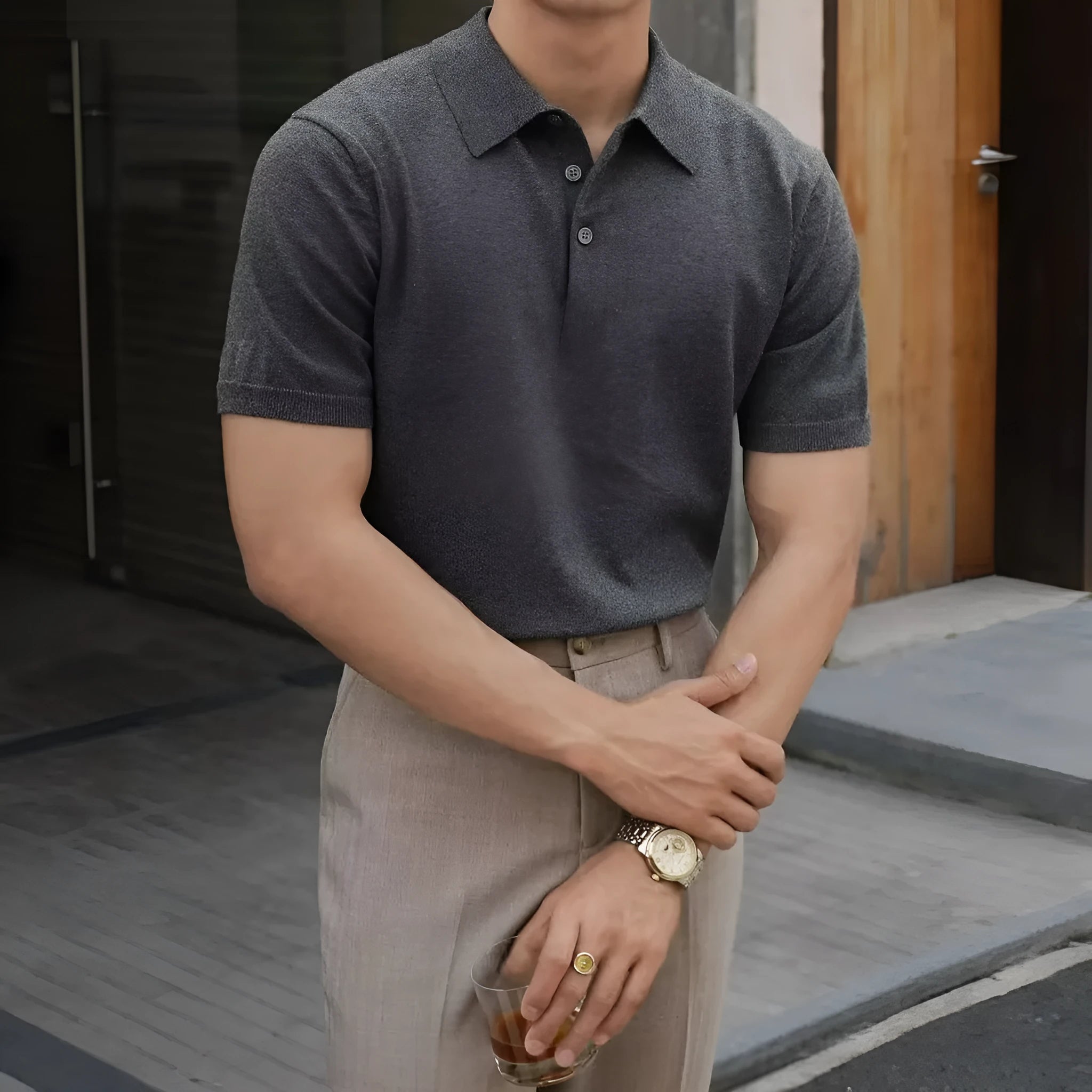 Men's knitted polo collar short sleeve shirt in Ice Silk cotton blend summer top