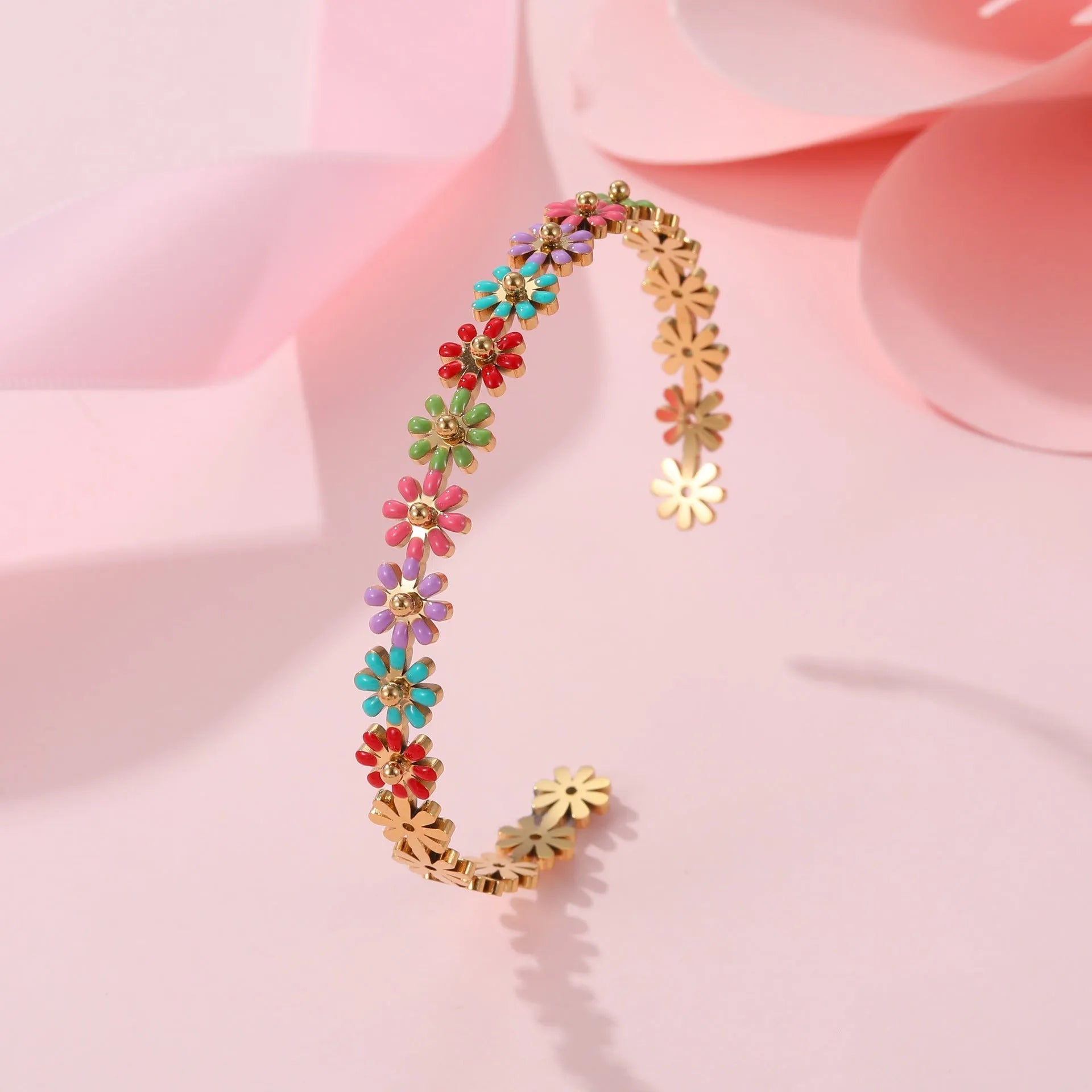 Stainless steel bracelet with oil dripping colour finish in flower and geometric shape, electroplated