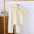 Women's loose-fitting short-sleeved cotton gauze trouser outfit in Flower Sea pattern for summer.