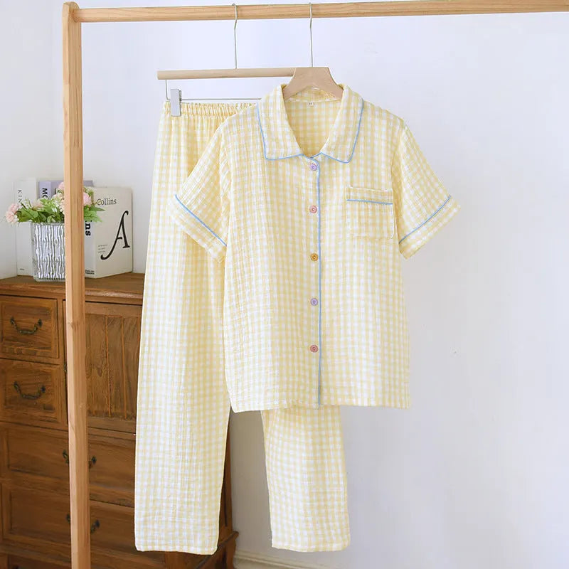 Women's loose-fitting short-sleeved cotton gauze trouser outfit in Flower Sea pattern for summer.