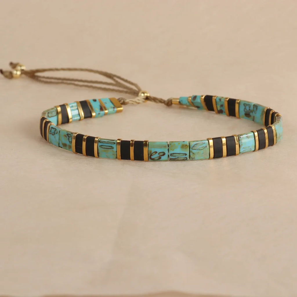 Geometric glass bead bracelet in European fashion style showing colour options
