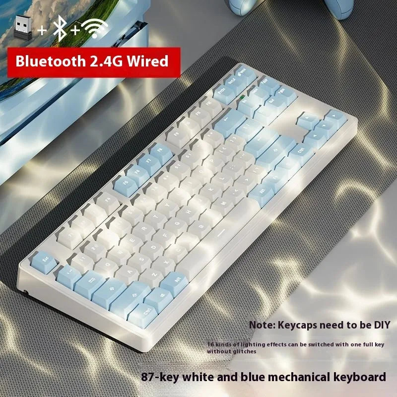 Wireless mechanical keyboard with three connection modes, shown in a choice of 87-key or 108-key layouts and various colour themes.