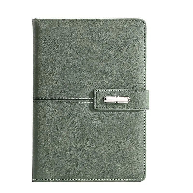 Custom A5 notebook with imitation leather cover in Business Black showing wood-free paper interior pages