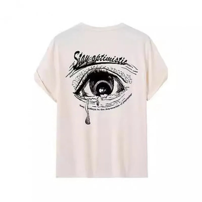Men's short-sleeved printed street t-shirt on a hanger, showing digital print pattern on polyester fabric.