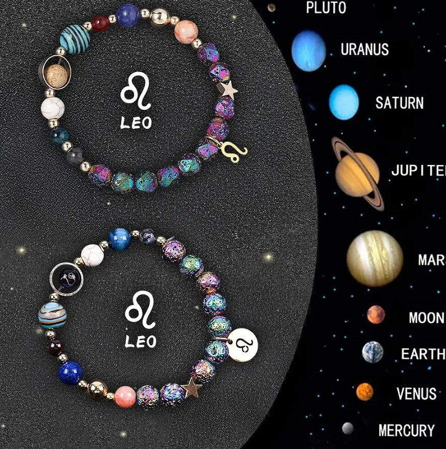 Two natural stone beaded bracelets showing different zodiac sign charms on an adjustable cord.