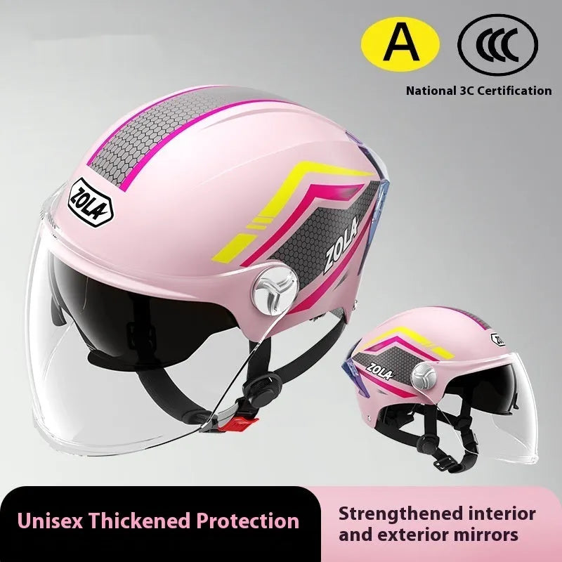 Motorcycle half helmet with double mirror visor in ABS construction, showing universal fit design