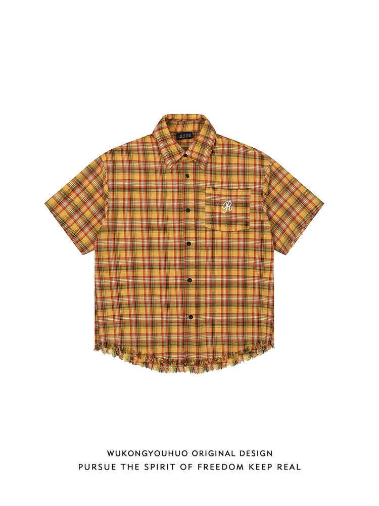 Yellow grid pattern short sleeve plaid shirt with embroidered pocket detail in loose fit
