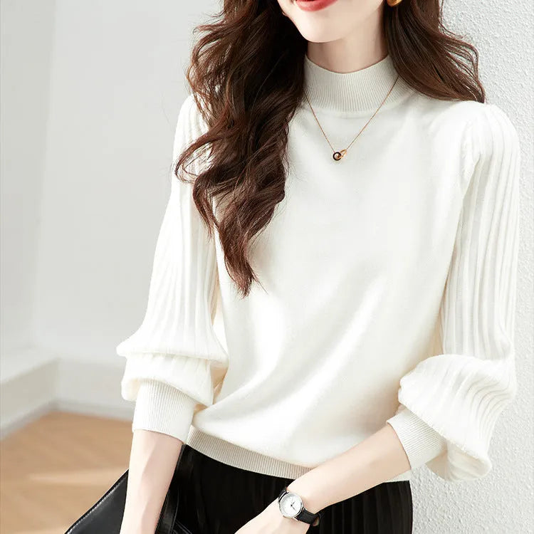 Slimming half turtleneck bottoming shirt with sunken stripe pattern in apricot colour