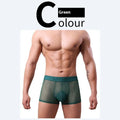 Men's thin polyester boxer shorts in multiple colours on a size chart showing Asian sizing.
