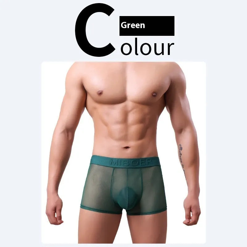 Men's thin polyester boxer shorts in multiple colours on a size chart showing Asian sizing.