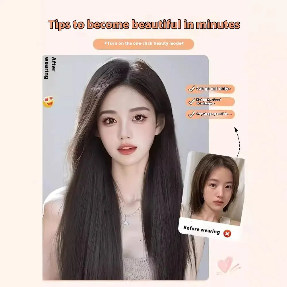 Forehead lace black long straight full-head wig with side bangs in high temperature fibre material