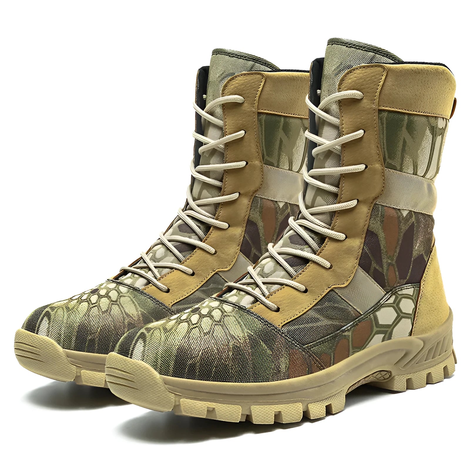 Men's black and camouflage mesh high-top sports boots showing totem detailing and Martin boot design